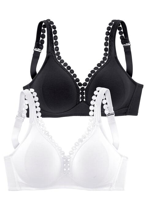 Bild: Soft-BH von petite fleur by Lascana: PETITE FLEUR: BH ohne Bügel im 2er-Pack. Nahtlos vorgeformte, unwattierte Cups. Hübsche Zierkante am Dekolleté. Träger und Rückenverschluss verstellbar. Aus 80% Baumwolle, 15% Viskose, 5% Elasthan. BHs sind nicht trocknergeeignet, da die Versteller und Ringe durch die Hitze beschädigt werden und brechen.