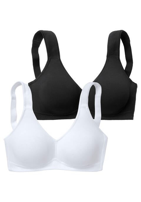 Bild: Soft-BH von petite fleur by Lascana: Toller Basic BH ohne Bügel von Petite Fleur im Doppelpack. Die nahtlos vorgeformten, unwattierten Cups schmiegen sich sanft an und sind ideal für eng anliegende Kleidung, da sich nichts abzeichnet. Die breiteren Träger geben verlässlichen Halt und verhindern ein unangenehmes Einschneiden auf den Schultern. Mit steigender Größe ist die Passform auf die jeweiligen besonderen Bedürfnisse abgestimmt, d.h. pro Größe wachsen auch die Rückteile und Verschlussbreiten mit. Für hohen Tragekomfort sorgen breitere Elastikbänder entlang der Kanten, die dank hochelastischer Nähte nicht einschneiden. Träger und Rückenverschluss sind verstellbar.  Aus 95% Baumwolle, 5% Elasthan. <br/><br/> BHs sind nicht trocknergeeignet, da die Versteller und Ringe durch die Hitze beschädigt werden und brechen.