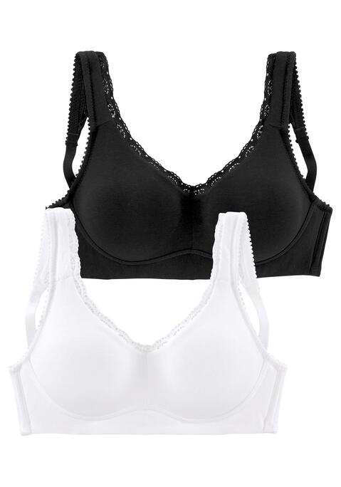 Bild: Soft-BH von petite fleur by Lascana: Basic-BH ohne Bügel (ohne Wattierung) von Petite Fleur im günstigen Doppelpack. Aus weicher, trageangenehmer Baumwolle mit zarter Spitzenkante am Dekolleté und an den Trägern. Breitere wattierte Träger für einen hohen Tragekomfort bis in große Größen. Träger und Rückenverschluss verstellbar.  Der BH ist aus 85% Baumwolle, 10% Polyamid, 5% Elasthan. BHs sind nicht trocknergeeignet, da die Versteller und Ringe durch die Hitze beschädigt werden und brechen.