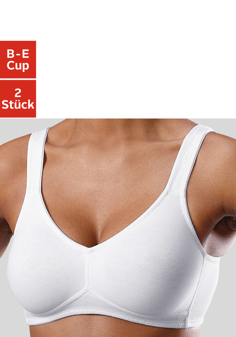 Bild: Soft-BH von petite fleur by Lascana: Toller Basic BH ohne Bügel von Petite Fleur im Doppelpack. Die nahtlos vorgeformten, unwattierten Cups schmiegen sich sanft an und sind ideal für eng anliegende Kleidung, da sich nichts abzeichnet. Die breiteren Träger geben verlässlichen Halt und verhindern ein unangenehmes Einschneiden auf den Schultern. Mit steigender Größe ist die Passform auf die jeweiligen besonderen Bedürfnisse abgestimmt, d.h. pro Größe wachsen auch die Rückteile und Verschlussbreiten mit. Für hohen Tragekomfort sorgen breitere Elastikbänder entlang der Kanten, die dank hochelastischer Nähte nicht einschneiden. Träger und Rückenverschluss sind verstellbar.  Aus 95% Baumwolle, 5% Elasthan. <br/><br/> BHs sind nicht trocknergeeignet, da die Versteller und Ringe durch die Hitze beschädigt werden und brechen.