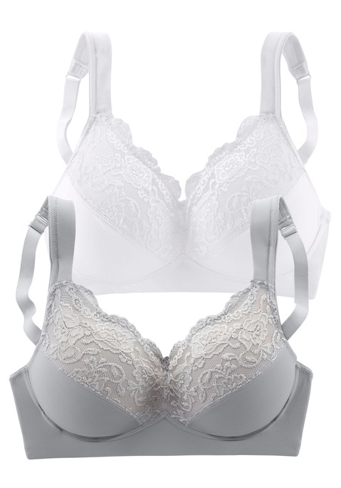 Bild: Soft-BH von petite fleur by Lascana: Obercup mit Glänzender Stickereispitze, teilweise transparent. Breitere, gefütterte Komfortträger. Cups mit Baumwolle gefüttert. Träger- und Rückenverschluss verstellbar.  Der BH ist aus 60% Polyamid, 29% Baumwolle, 11% Elasthan. BHs sind nicht trocknergeeignet, da die Versteller und Ringe durch die Hitze beschädigt werden und brechen.