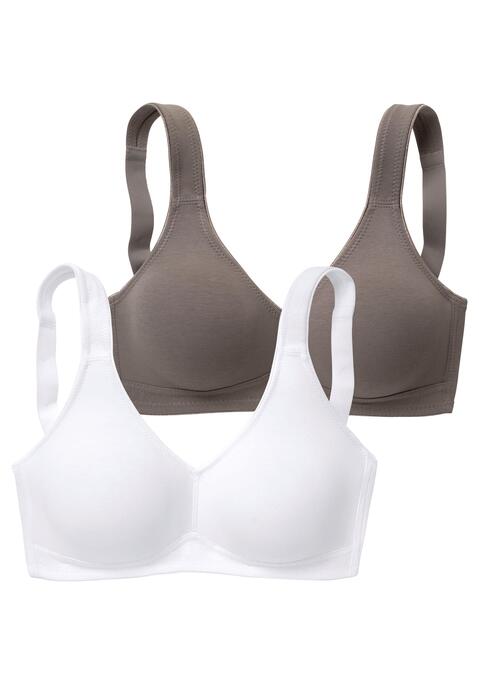 Bild: Soft-BH von petite fleur by Lascana: Toller Basic BH ohne Bügel von Petite Fleur im Doppelpack. Die nahtlos vorgeformten, unwattierten Cups schmiegen sich sanft an und sind ideal für eng anliegende Kleidung, da sich nichts abzeichnet. Die breiteren Träger geben verlässlichen Halt und verhindern ein unangenehmes Einschneiden auf den Schultern. Mit steigender Größe ist die Passform auf die jeweiligen besonderen Bedürfnisse abgestimmt, d.h. pro Größe wachsen auch die Rückteile und Verschlussbreiten mit. Für hohen Tragekomfort sorgen breitere Elastikbänder entlang der Kanten, die dank hochelastischer Nähte nicht einschneiden. Träger und Rückenverschluss sind verstellbar.  Aus 95% Baumwolle, 5% Elasthan. <br/><br/> BHs sind nicht trocknergeeignet, da die Versteller und Ringe durch die Hitze beschädigt werden und brechen.
