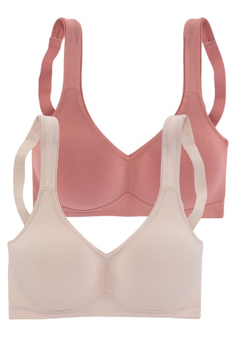 Bild: Soft-BH von petite fleur by Lascana: Toller Basic BH ohne Bügel von Petite Fleur im Doppelpack. Die nahtlos vorgeformten, unwattierten Cups schmiegen sich sanft an und sind ideal für eng anliegende Kleidung, da sich nichts abzeichnet. Die breiteren Träger geben verlässlichen Halt und verhindern ein unangenehmes Einschneiden auf den Schultern. Mit steigender Größe ist die Passform auf die jeweiligen besonderen Bedürfnisse abgestimmt, d.h. pro Größe wachsen auch die Rückteile und Verschlussbreiten mit. Für hohen Tragekomfort sorgen breitere Elastikbänder entlang der Kanten, die dank hochelastischer Nähte nicht einschneiden. Träger und Rückenverschluss sind verstellbar.  Aus 95% Baumwolle, 5% Elasthan. <br/><br/> BHs sind nicht trocknergeeignet, da die Versteller und Ringe durch die Hitze beschädigt werden und brechen.