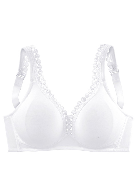 Bild: Soft-BH von petite fleur by Lascana: Soft-BH ohne Bügel rundum aus weicher Baumwoll-Qualität. Nahtlos vorgeformte, unwattierte Cups - perfekt auch als T-Shirt-BH unter engen Oberteilen. Hübsche Zierkante entlang des Dekolletés und der Träger. Individuell verstellbare Träger sowie Rückenverschluss. Mit Liebe & Leidenschaft in Hamburg kreiert. Aus 80% Baumwolle, 15% Viskose, 5% Elasthan.