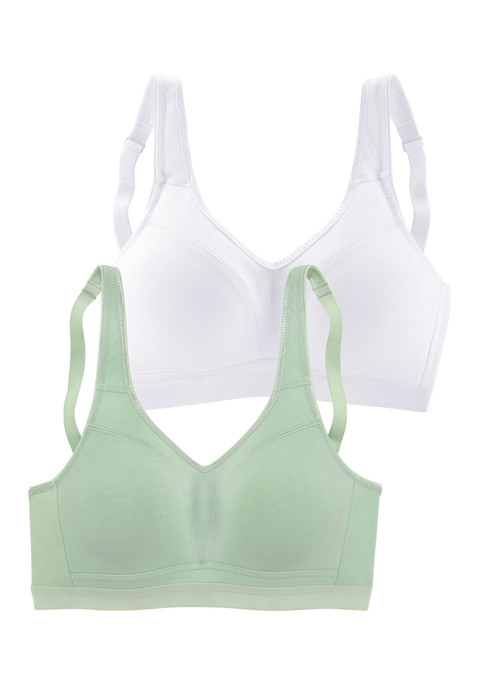 Bild: Soft-BH von petite fleur by Lascana: PETITE FLEUR: BH ohne Bügel im 2er-Pack - idealer BH für jeden Tag. Nahtlos vorgefomte, unwattierte Cups - nichts zeichnet sich ab. Abdeckende Schnittform, breites Unterbrustgummi und leicht gefütterte Träger für optimalen Tragekomfort bis in große Größen. Träger und Rückenverschluss verstellbar. Aus 90% Baumwolle, 10% Elasthan. BHs sind nicht trocknergeeignet, da die Versteller und Ringe durch die Hitze beschädigt werden und brechen.