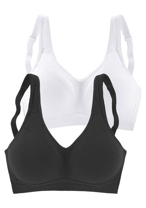 Bild: Soft-BH von petite fleur by Lascana: PETITE FLEUR: BH ohne Bügel im 2er-Pack - idealer BH für jeden Tag. Nahtlos vorgefomte, unwattierte Cups - nichts zeichnet sich ab. Abdeckende Schnittform, breites Unterbrustgummi und leicht gefütterte Träger für optimalen Tragekomfort bis in große Größen. Träger und Rückenverschluss verstellbar. Aus 90% Baumwolle, 10% Elasthan. BHs sind nicht trocknergeeignet, da die Versteller und Ringe durch die Hitze beschädigt werden und brechen.
