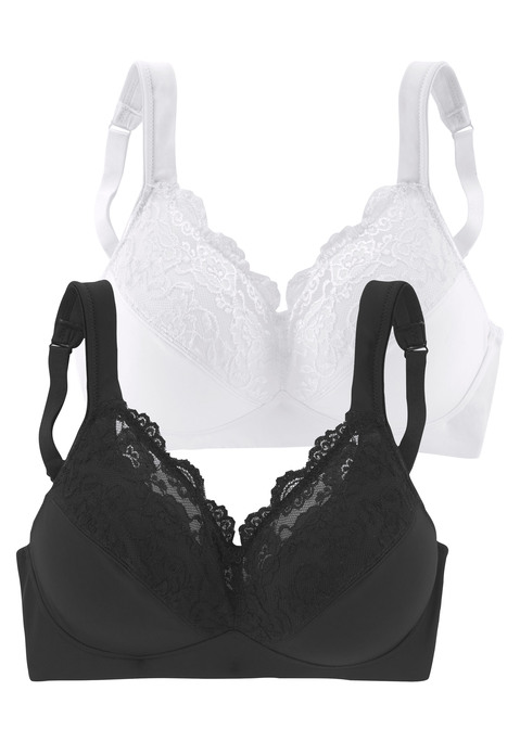 Bild: Soft-BH von petite fleur by Lascana: Obercup mit Glänzender Stickereispitze, teilweise transparent. Breitere, gefütterte Komfortträger. Cups mit Baumwolle gefüttert. Träger- und Rückenverschluss verstellbar.  Der BH ist aus 60% Polyamid, 29% Baumwolle, 11% Elasthan. BHs sind nicht trocknergeeignet, da die Versteller und Ringe durch die Hitze beschädigt werden und brechen.