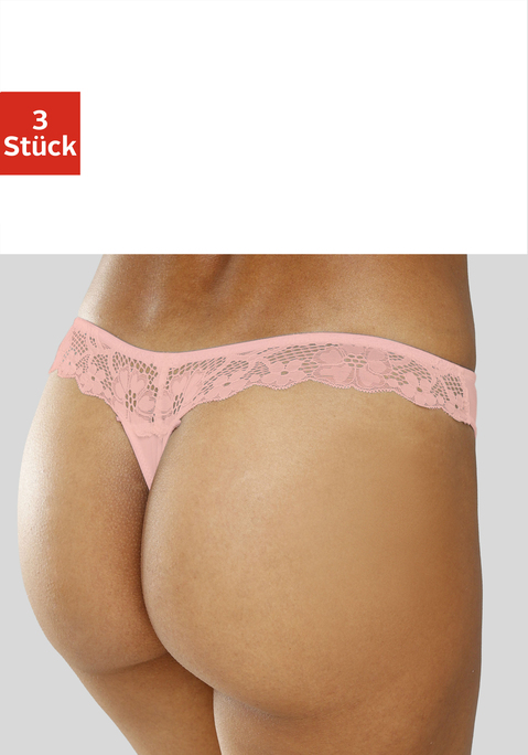 Bild: String von petite fleur by Lascana: PETITE FLEUR: String im 3er-Pack. Mit Jacquardspitze hinten. Mit Baumwollzwickel. Aus 86% Polyester, 14% Elasthan.