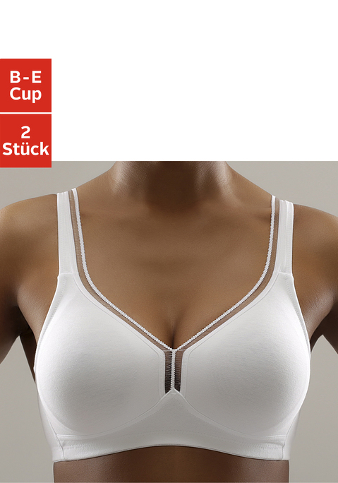 Bild: T-Shirt-BH von petite fleur by Lascana: Der bequeme T-Shirt BH ohne Bügel von Petite Fleur schmiegt sich sanft der Haut an und vereint pures Design mit optimaler Passform. Die  nahtlos vorgeformten Cups (ohne Wattierung) umschließen die Brust sicher und ermöglichen gleichzeitig ein besonders angenehmes Tragegefühl. Die bequeme Baumwollqualität sorgt für ein samtweiches Gefühl auf der Haut.Eine hübsche Zierkante am Dekoleté verleiht dem zeitlos schlichten Look des Petite Fleur BHs eine besondere Note. Die elastischen und verstellbarenTräger sowie der verstellbare Rückenverschluss sorgen für einen bequemen Sitz. Toller Mieder-BH im praktischen 2er Pack aus 93% Baumwolle und 7% Elasthan. Klassische Dessous. Bequeme Alltags-Dessous. Modische Dessous. BHs sind nicht trocknergeeignet, da die Versteller und Ringe durch die Hitze beschädigt werden und brechen.