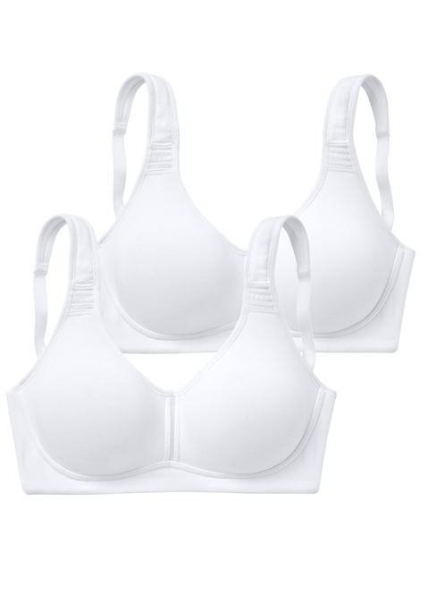 Bild: T-Shirt-BH von petite fleur by Lascana: BH ohne Bügel von Petite Fleur im praktischen 2er-Pack. Nahtlos vorgeformte, unwattierte Cups. Breite, wattierte Träger für einen guten Halt. Träger und Rückenverschluss verstellbar.  Aus 95% Baumwolle, 5% Elasthan. BHs sind nicht trocknergeeignet, da die Versteller und Ringe durch die Hitze beschädigt werden und brechen.