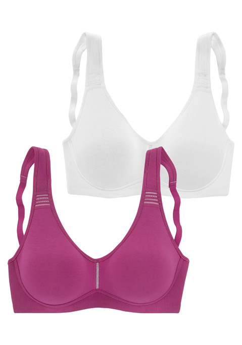 Bild: T-Shirt-BH von petite fleur by Lascana: BH ohne Bügel von Petite Fleur im praktischen 2er-Pack. Nahtlos vorgeformte, unwattierte Cups. Breite, wattierte Träger für einen guten Halt. Träger und Rückenverschluss verstellbar.  Aus 95% Baumwolle, 5% Elasthan. BHs sind nicht trocknergeeignet, da die Versteller und Ringe durch die Hitze beschädigt werden und brechen.