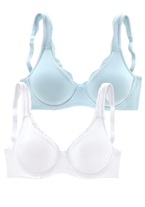 Bild: T-Shirt-BH von petite fleur by Lascana: Petite Fleur: Bügel-BH im 2er-Pack mit nahtlos gearbeiteten Cups und dekorativer Spitzenkante am unwattierten Cup. Träger und Rückenverschluss verstellbar. Aus 85% Baumwolle, 10% Polyamid, 5% Elasthan. BHs sind nicht trocknergeeignet, da die Versteller und Ringe durch die Hitze beschädigt werden und brechen.
