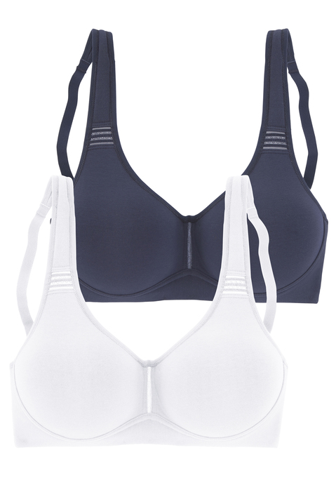 Bild: T-Shirt-BH von petite fleur by Lascana: BH ohne Bügel von Petite Fleur im praktischen 2er-Pack. Nahtlos vorgeformte, unwattierte Cups. Breite, wattierte Träger für einen guten Halt. Träger und Rückenverschluss verstellbar.  Aus 95% Baumwolle, 5% Elasthan. BHs sind nicht trocknergeeignet, da die Versteller und Ringe durch die Hitze beschädigt werden und brechen.