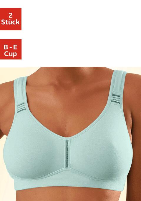 Bild: T-Shirt-BH von petite fleur by Lascana: BH ohne Bügel von Petite Fleur im praktischen 2er-Pack. Nahtlos vorgeformte, unwattierte Cups. Breite, wattierte Träger für einen guten Halt. Träger und Rückenverschluss verstellbar.  Aus 95% Baumwolle, 5% Elasthan. BHs sind nicht trocknergeeignet, da die Versteller und Ringe durch die Hitze beschädigt werden und brechen.