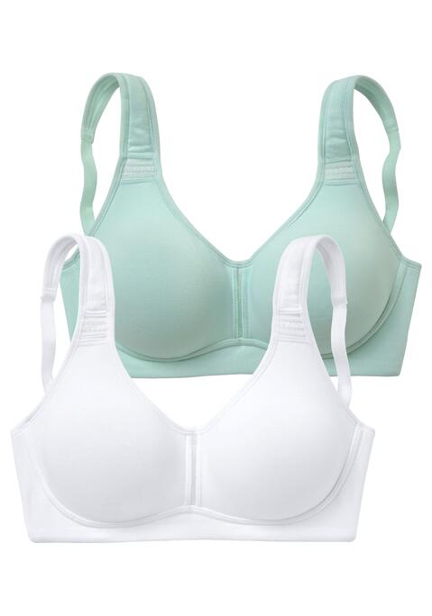Bild: T-Shirt-BH von petite fleur by Lascana: BH ohne Bügel von Petite Fleur im praktischen 2er-Pack. Nahtlos vorgeformte, unwattierte Cups. Breite, wattierte Träger für einen guten Halt. Träger und Rückenverschluss verstellbar.  Aus 95% Baumwolle, 5% Elasthan. BHs sind nicht trocknergeeignet, da die Versteller und Ringe durch die Hitze beschädigt werden und brechen.