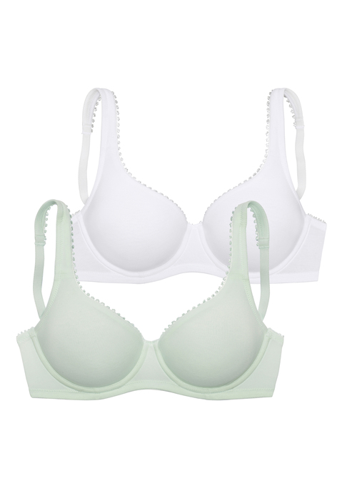Bild: T-Shirt-BH von petite fleur by Lascana: Hübscher T-Shirt-BH mit hübscher, kleiner Zierkante am Ausschnitt. Aus weicher, anschmiegsamer Baumwollqualität. Nahtlos vorgeformte Cups auf Formbügel gearbeitet - für ein tolles Dekolleté. Individuell verstellbare Träger sowie Rückenverschluss. Im attraktiven Doppelpack erhältlich. Aus 85% Baumwolle, 10% Polyamid, 5% Elasthan.