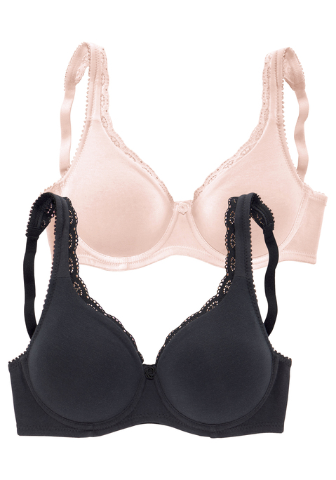 Bild: T-Shirt-BH von petite fleur by Lascana: Petite Fleur: Bügel-BH im 2er-Pack mit nahtlos gearbeiteten Cups und dekorativer Spitzenkante am unwattierten Cup. Träger und Rückenverschluss verstellbar. Aus 85% Baumwolle, 10% Polyamid, 5% Elasthan. BHs sind nicht trocknergeeignet, da die Versteller und Ringe durch die Hitze beschädigt werden und brechen.