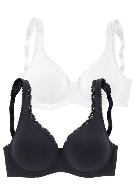 Bild: T-Shirt-BH von petite fleur by Lascana: Petite Fleur: Bügel-BH im 2er-Pack mit nahtlos gearbeiteten Cups und dekorativer Spitzenkante am unwattierten Cup. Träger und Rückenverschluss verstellbar. Aus 85% Baumwolle, 10% Polyamid, 5% Elasthan. BHs sind nicht trocknergeeignet, da die Versteller und Ringe durch die Hitze beschädigt werden und brechen.