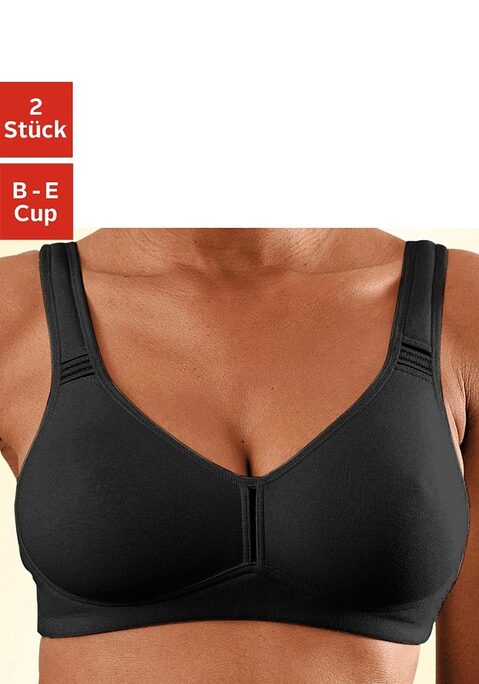 Bild: T-Shirt-BH von petite fleur by Lascana: BH ohne Bügel von Petite Fleur im praktischen 2er-Pack. Nahtlos vorgeformte, unwattierte Cups. Breite, wattierte Träger für einen guten Halt. Träger und Rückenverschluss verstellbar.  Aus 95% Baumwolle, 5% Elasthan. BHs sind nicht trocknergeeignet, da die Versteller und Ringe durch die Hitze beschädigt werden und brechen.