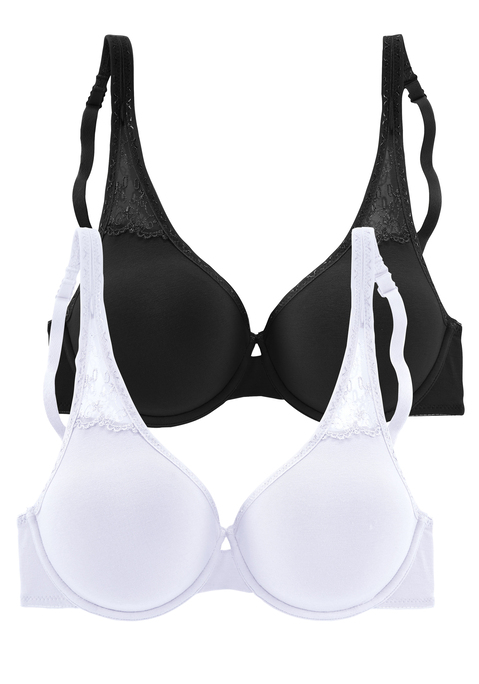 Bild: T-Shirt-BH von petite fleur by Lascana: Bügel-BH von Petite Fleur aus softer Baumwolle. Schlichte, nahtlos vorgeformte, unwattierte Cups zeichnen sich nicht ab. Am Trägeransatz schöne Einsätze mit unifarbener Stickerei. Cups innen seitlich stützend abgefüttert für einen idealen halt bis in große Größen. Im günstigen Doppelpack. Die Träger und der Rücken lassen sich verstellen. Aus 89% Baumwolle, 6% Viskose, 5% Elasthan.