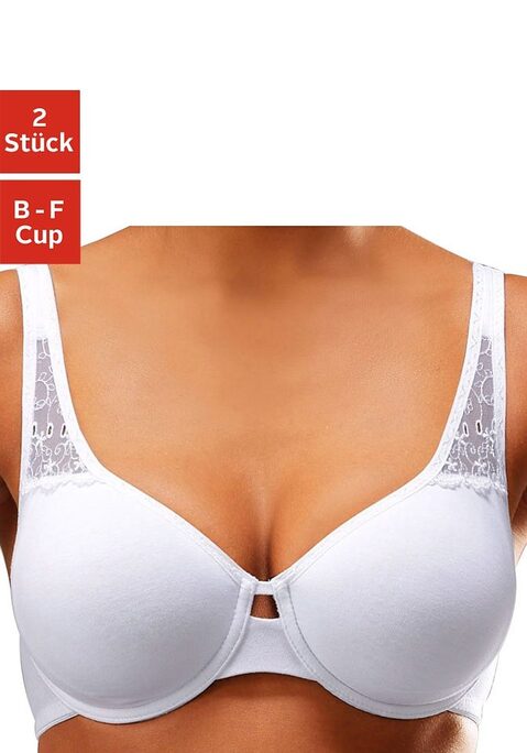 Bild: T-Shirt-BH von petite fleur by Lascana: Bügel-BH von Petite Fleur aus softer Baumwolle. Schlichte, nahtlos vorgeformte, unwattierte Cups zeichnen sich nicht ab. Am Trägeransatz schöne Einsätze mit unifarbener Stickerei. Cups innen seitlich stützend abgefüttert für einen idealen halt bis in große Größen. Im günstigen Doppelpack. Die Träger und der Rücken lassen sich verstellen. Aus 89% Baumwolle, 6% Viskose, 5% Elasthan.