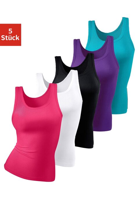 Bild: Unterhemd von petite fleur by Lascana: Sportliche Tanktops im 5er-Pack von Petite Fleur. Mit Muschelkante an Hals- und Armausschnitt. Softe Doppelrippqualität.