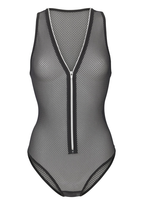 Bild: Body von petite fleur gold: Verführerischer Body in transparenter Optik. Rundherum aus einem elastischen, edlen Netz-Material. Mit sexy Reißverschluss vorne mittig. Ohne Haken und Ösen im Schritt, mit eingearbeitetem Baumwollzwickel. Mit Liebe & Leidenschaft in Hamburg kreiert. Aus 90% Polyamid, 10% Elasthan.