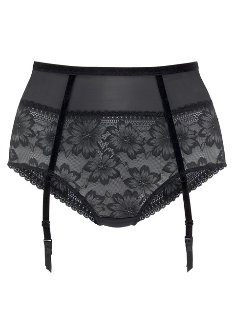 Bild: High-Waist-Slip von petite fleur gold by Lascana: Dieser Highwaist Slip von Petite Fleur Gold strahlt pure Verführung aus. Er kombiniert feine, florale Spitze mit transparentem Netzmaterial, was nicht nur toll aussieht, sondern auch absolut sexy wirkt. Die abnehmbaren Strapsen aus Samt sind nicht nur besonders praktisch, sondern verzaubern zudem mit einer erotischen Wirkung. Der schmale Bund des Slips ist ebenfalls aus Samt gearbeitet und bietet optimalen Halt. Der eingearbeitete Baumwollzwickel sorgt für zusätzlichen Komfort. Zusammen mit dem passenden BH aus der gleichen Serie entsteht ein einzigartiges Set mit erotischer Wirkung. Aus 85% Polyamid, 15% Elasthan.
