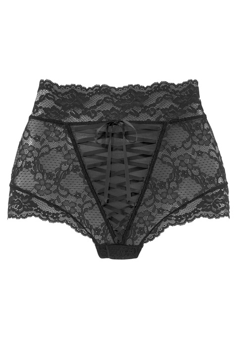 Bild: High-Waist-Slip von petite fleur gold by Lascana: Hübscher High-Waist-Slip von Petite Fleur Gold. Perfekt für verführerische Momente. Gefertigt aus leicht transparenter Spitze. Mit extravaganter Schnürung in der vorderen Mitte. In moderner High-Waist Schnittform. Mit eingearbeitetem Baumwollzwickel. Aus 90% Polyamid, 10% Elasthan.