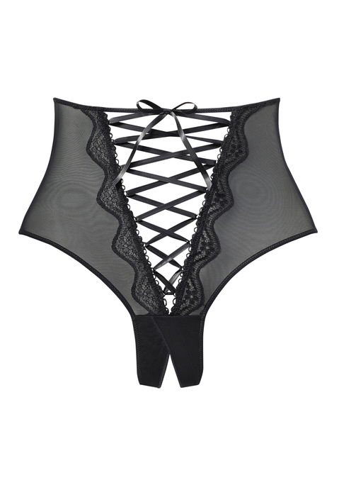 Bild: High-Waist-String von petite fleur gold by Lascana: Sexy High-Waist-String von Petite Fleur Gold aus leicht transparentem, feinen Netzmaterial. Mit erotischer Öffnung im Schritt. Extravagante Schnürung in der vorderen Mitte. Mit schönen Spitzendetails. Aus 90% Polyamid, 10% Elasthan.