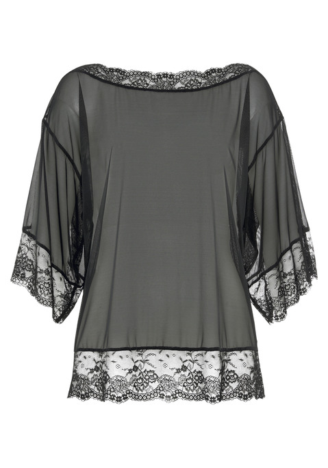 Bild: Netzshirt von petite fleur gold by Lascana: Unterhemd mit Spitzensaum am Ärmel und am Saum. Aus weichem transparentem Netzmaterial. Spitzeneinsatz am U-Boot-Ausschnitt. Hinten mit einem kleinen Knopf zu schließen.  Aus 90% Polyamid, 10% Elasthan. Erotische Dessous. Reizvolle Dessous. Reizwäsche. Verführerische Dessous. Spitzen-Dessous. Romantische Dessous. Verspielte Dessous. Um den Tragekomfort zu erhöhen, empfehlen wir die Wäsche mit Weichspüler.