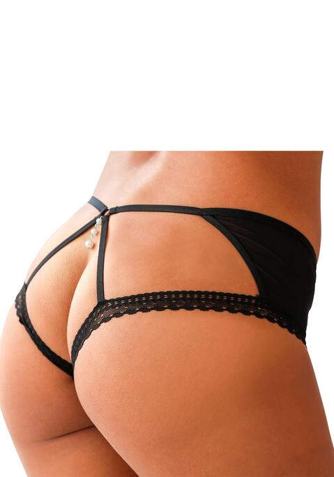 Bild: Panty-Ouvert von petite fleur gold by Lascana: Petite Fleur gold: Panty ouvert vorne aus transparentem Tüll, hinten nur Bändchen. Vorne eine kleine Zierschleife und hinten ein dekorativer Ring mit einem Accessoire in Perlenoptik. Mit Baumwollzwickel. Aus 90% Polyamid, 10% Elasthan.