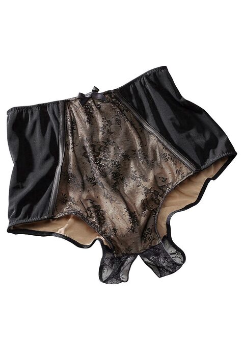Bild: Panty-Ouvert von petite fleur gold by Lascana: Highwaist-Slip ouvert – ein offenes Geheimnis! Doppellagiges Netzmaterial in Kombination mit schöner Jacquardspitze. Die Spitzeneinsätze sind vorn und hinten kontrastfarben unterlegt. Besonderer Hingucker: die extravagante Schnürung hinten.  Aus 90% Polyamid, 10% Elasthan.