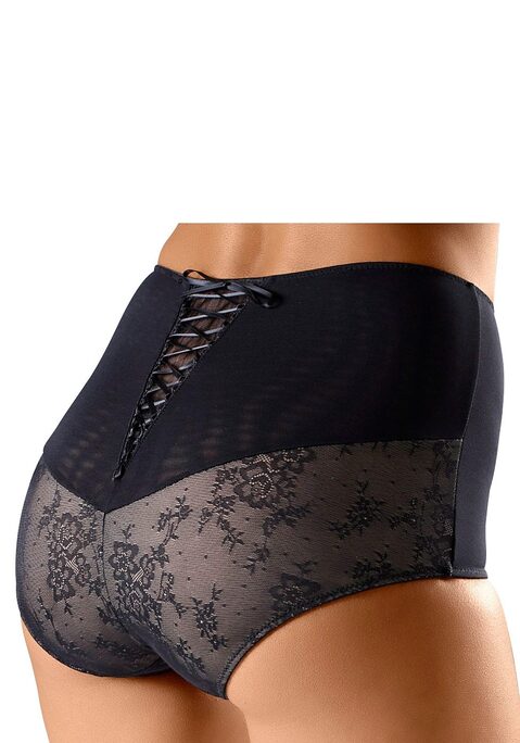 Bild: Panty-Ouvert von petite fleur gold by Lascana: Highwaist-Slip ouvert – ein offenes Geheimnis! Doppellagiges Netzmaterial in Kombination mit schöner Jacquardspitze. Die Spitzeneinsätze sind vorn und hinten kontrastfarben unterlegt. Besonderer Hingucker: die extravagante Schnürung hinten.  Aus 90% Polyamid, 10% Elasthan.