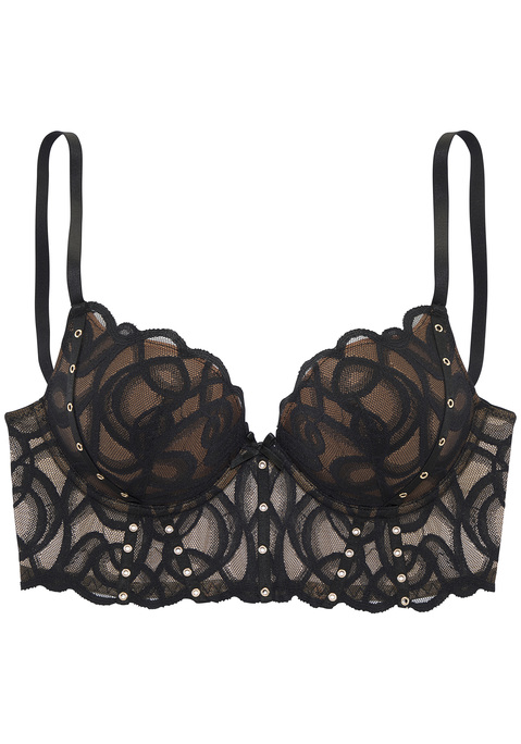Bild: Push-up-BH von petite fleur gold by Lascana: Push-up-BH in Longform mit Bügel mit stylischen, dekorativen Nieten. Cups mit integrierten Kissen und eingearbeiteten Formbügeln. Mit feiner Zierschleife vorne mittig. Vorne aus zarter Spitze, hinten aus feinem Mesh. Individuell verstellbare Träger sowie Rückenverschluss. Aus 60% Polyamid, 35% Polyester, 5% Elasthan.