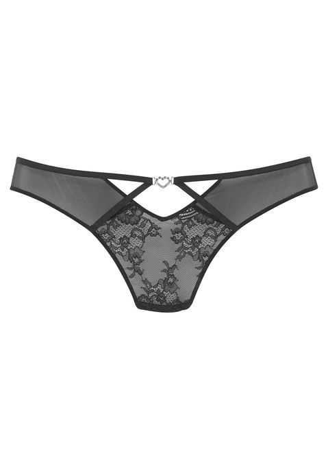 Bild: String von petite fleur gold by Lascana: String aus transparenter Spitze und feinem Mesh. Feines Herz aus Glitzersteinen vorne und in der hinteren Mitte. Mit eingearbeitetem Baumwollzwickel. Passender BH aus der gleichen Serie erhältlich. Obermaterial: 90% Polyamid, 10% Elasthan