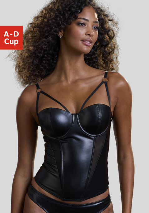 Bild: Corsage von petite fleur gold: Verführerische Corsage in Longform mit edlen Bänderdetails. Cups mit herausnehmbaren Kissen und eingearbeiteten Formbügeln - für ein tolles Dekolleté. Aus weichem Material in Leder-Optik mit Mesheinsätzen. Individuell verstellbare Träger sowie Rückenverschluss. Passende Unterteile aus der gleichen Serie erhältlich. Reizwäsche. Verführerische Dessous. Sexy Dessous. Romantische Dessous. Verspielte Dessous. Aus Obermaterial: 83% Polyester, 10% Polyamid, 7% Elasthan. Beschichtung: 100% Polyurethan.