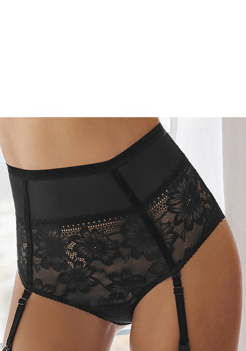 Bild: High-Waist-Slip von petite fleur gold: Dieser Highwaist Slip von Petite Fleur Gold strahlt pure Verführung aus. Er kombiniert feine, florale Spitze mit transparentem Netzmaterial, was nicht nur toll aussieht, sondern auch absolut sexy wirkt. Die abnehmbaren Strapsen aus Samt sind nicht nur besonders praktisch, sondern verzaubern zudem mit einer erotischen Wirkung. Der schmale Bund des Slips ist ebenfalls aus Samt gearbeitet und bietet optimalen Halt. Der eingearbeitete Baumwollzwickel sorgt für zusätzlichen Komfort. Zusammen mit dem passenden BH aus der gleichen Serie entsteht ein einzigartiges Set mit erotischer Wirkung. Aus 85% Polyamid, 15% Elasthan.