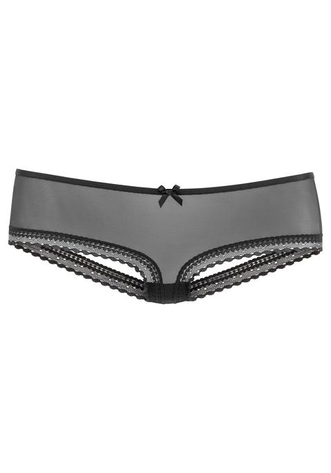 Bild: Panty-Ouvert von petite fleur gold: Petite Fleur gold: Panty ouvert vorne aus transparentem Tüll, hinten nur Bändchen. Vorne eine kleine Zierschleife und hinten ein dekorativer Ring mit einem Accessoire in Perlenoptik. Mit Baumwollzwickel. Aus 90% Polyamid, 10% Elasthan.