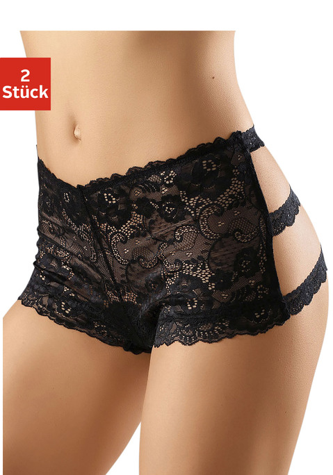 Bild: Panty-Ouvert von petite fleur gold: Sexy Panty Ouvert im attraktiven Doppelpack. Rundherum aus floraler, dezent transparenter Spitze. Hinten mit verführerischen Spitzenbändern. Mit Ouvert Öffnung im Schritt für erotische Momente. Mit Liebe & Leidenschaft in Hamburg kreiert. Aus 90% Polyamid, 10% Elasthan.