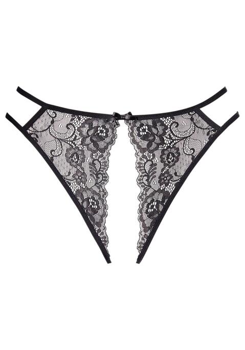 Bild: Slip-Ouvert von petite fleur gold: Petite Fleur Gold: Slip Ouvert aus transparenter Vollspitze. Vorder- und Rückteil wird seitlich von zwei schmalen Bändern verbunden. Aus 90% Polyamid, 10% Elasthan.