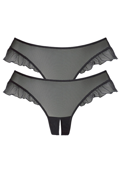 Bild: String-Ouvert von petite fleur gold: Der aufregende String ouvert von Petite Fleur Gold hat dank des transparenten Netzmaterials eine verführerische Optik. Die romantischen Rüschen an den Beinausschnitten ergänzen diese perfekt. Die aufregende Öffnung im Schritt macht Lust auf mehr. Ein eingearbeiteter Baumwollzwickel sorgt für zusätzlichen Komfort. Aus 90% Polyamid, 10% Elasthan.
