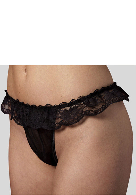 Bild: String von petite fleur gold: Petite Fleur gold: String aus leicht transparentem Netzmaterial mit Spitzenkanten. Mit Baumwollzwickel. Aus 90% Polyamid, 10% Elasthan.