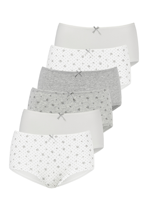 Bild: Hipster von petite fleur: Hübsche Hipster von Petite Fleur im praktischen 6er-Pack. Mit niedlichem Blumendruck und in unifarben. Kleine Häkelkante am Bund und Zierschleife mittig. Weiche, elastische Baumwollqualität.