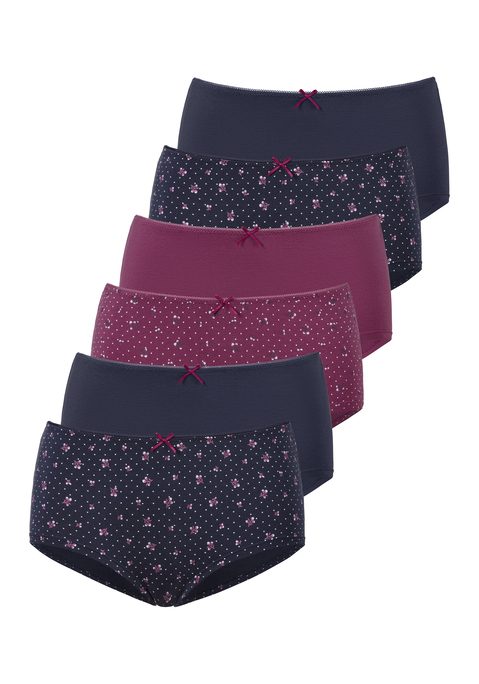 Bild: Hipster von petite fleur: Hübsche Hipster von Petite Fleur im praktischen 6er-Pack. Mit niedlichem Blumendruck und in unifarben. Kleine Häkelkante am Bund und Zierschleife mittig. Weiche, elastische Baumwollqualität.