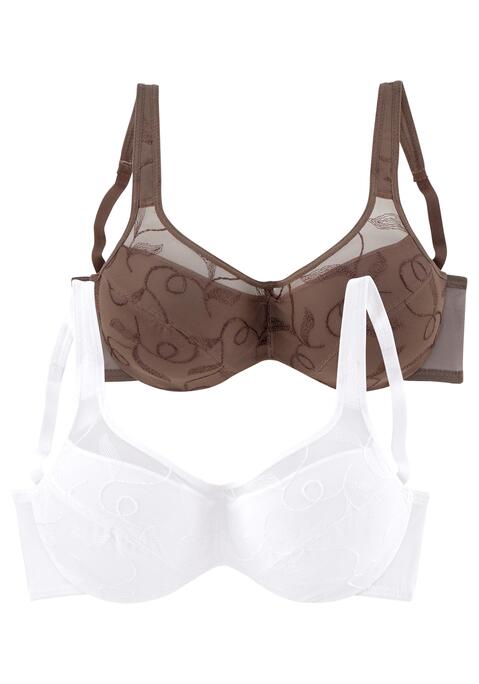 Bild: Minimizer-BH von petite fleur: PETITE FLEUR: Minimizer-BH (ohne Wattierung) im 2er-Pack mit Bügel. Mit Stickereispitze. Durch die besondere Schnittführung wirkt die Büste optisch kleiner. Breitere Träger für einen komfortablen Halt. Träger und Rückenverschluss verstellbar.  Aus 90% Polyamid, 10% Elasthan. BHs sind nicht trocknergeeignet, da die Versteller und Ringe durch die Hitze beschädigt werden und brechen.