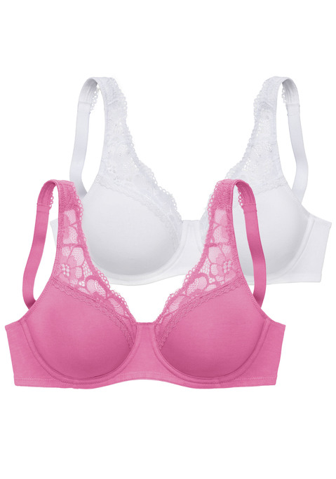 Bild: Minimizer-BH von petite fleur: Femininer Minimizer-BH mit Bügel und breiten, leicht wattierten Trägern. Aus weicher Baumwollmischung und elastischer, floraler Spitze. Besondere Schnittführung verkleinert optisch die Büste. Nahtlos vorgeformte Cups (ohne Wattierung) auf Formbügel gearbeitet. Individuell verstellbare Träger sowie Rückenverschluss. Aus 75% Baumwolle, 18% Polyamid, 7% Elasthan.