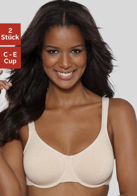 Bild: Minimizer-BH von petite fleur: Schöner Minimizer-BH von Petite Fleur im Doppelpack. Durch die besondere Schnittführung wirkt der Busen optisch kleiner. Nahtlos vorgeformte Cups mit Formbügel. Ideal für eng anliegende Kleidung - nichts zeichnet sich ab! Dank der hautfreundlichen Baumwoll-Qualität ist ein angenehmes Tragegefühl gesichert. Der Minimizer-BH ist aus 93% Baumwolle, 7% Elasthan. Äußerst trageangenehme Qualität.