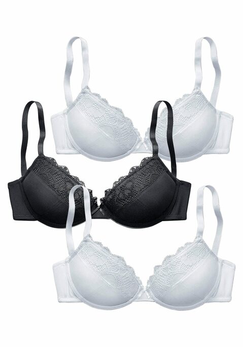 Bild: Push-up-BH von petite fleur: Push-up-BH im 3er-Pack von PETITE FLEUR. Mit herausnehmbaren Kissen und elastischer Jacquardspitze an der Cupkante. Träger und Rückenverschluss verstellbar. Aus weichem Microtouch. Sexy Dessous. Spitzen-Dessous. Romantische Dessous. Verspielte Dessous. BHs sind nicht trocknergeeignet, da die Versteller und Ringe durch die Hitze beschädigt werden und brechen. Der BH ist aus 59% Polyester, 19% Baumwolle, 11% Polyamid und 11% Elasthan.