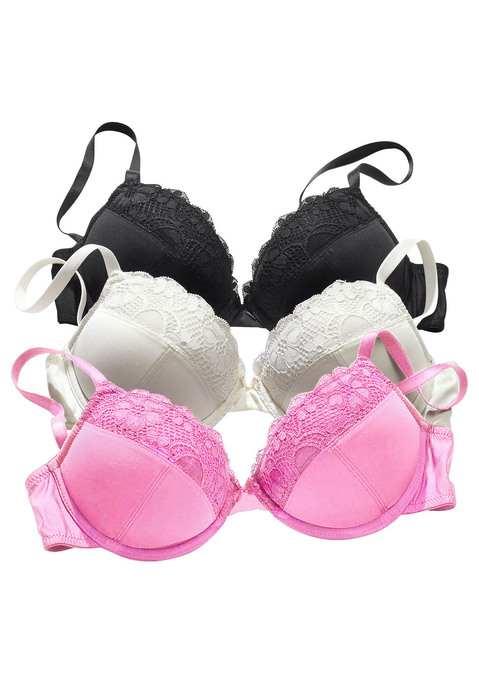 Bild: Push-up-BH von petite fleur: Push-up-BH im 3er-Pack von PETITE FLEUR. Mit herausnehmbaren Kissen und elastischer Jacquardspitze an der Cupkante. Träger und Rückenverschluss verstellbar. Aus weichem Microtouch. Sexy Dessous. Spitzen-Dessous. Romantische Dessous. Verspielte Dessous. BHs sind nicht trocknergeeignet, da die Versteller und Ringe durch die Hitze beschädigt werden und brechen. Der BH ist aus 59% Polyester, 19% Baumwolle, 11% Polyamid und 11% Elasthan.